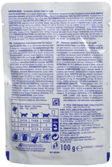 Back of a pet food package with text and symbols