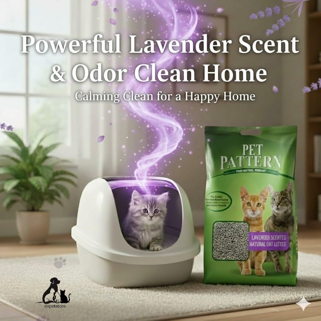 Pet Pattern cat litter with a kitten in a litter box and lavender scent text.
