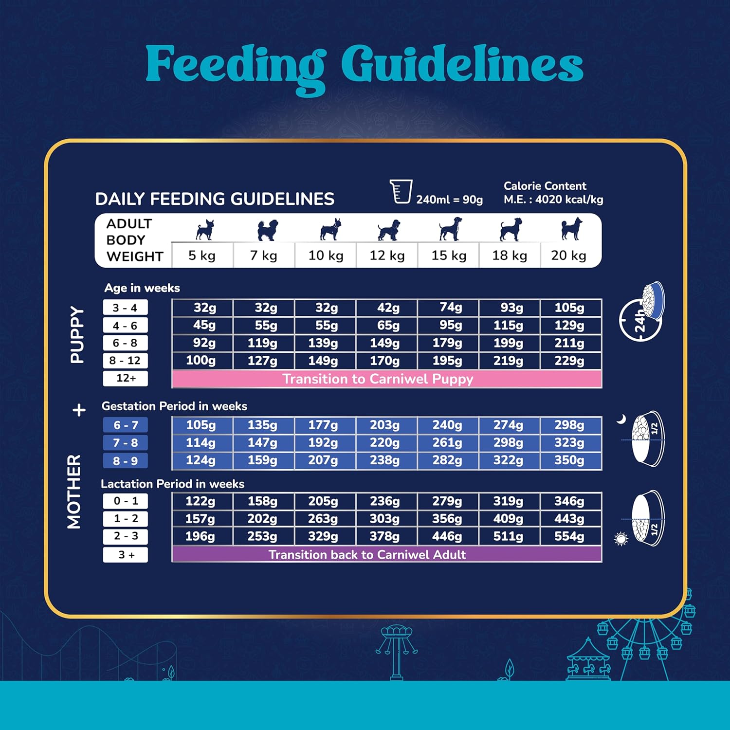 Feeding guidelines chart for dogs on a blue background