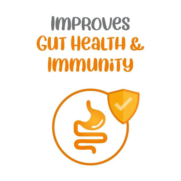 Text 'Improves Gut Health & Immunity' with a stomach icon and shield on a white background