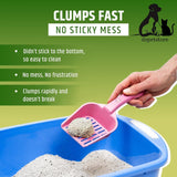 Cat litter scoop with clumped litter over a blue litter box on a green background, featuring text about the product's benefits.