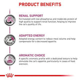 Product benefits for a cat food formulation with renal support, adapted energy, and aromatic choice.