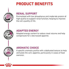Product benefits for a cat food formulation with renal support, adapted energy, and aromatic choice.