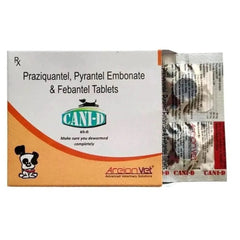 Box and packaging of Praziquantel, Pyrantel Embonate & Febantel Tablets with Can-E logo on a white background