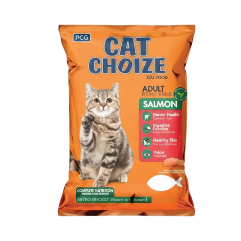 Cat Choize cat food package with a cat on an orange background