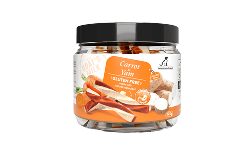 Jar of carrot yam dog treats with a black lid on a white background