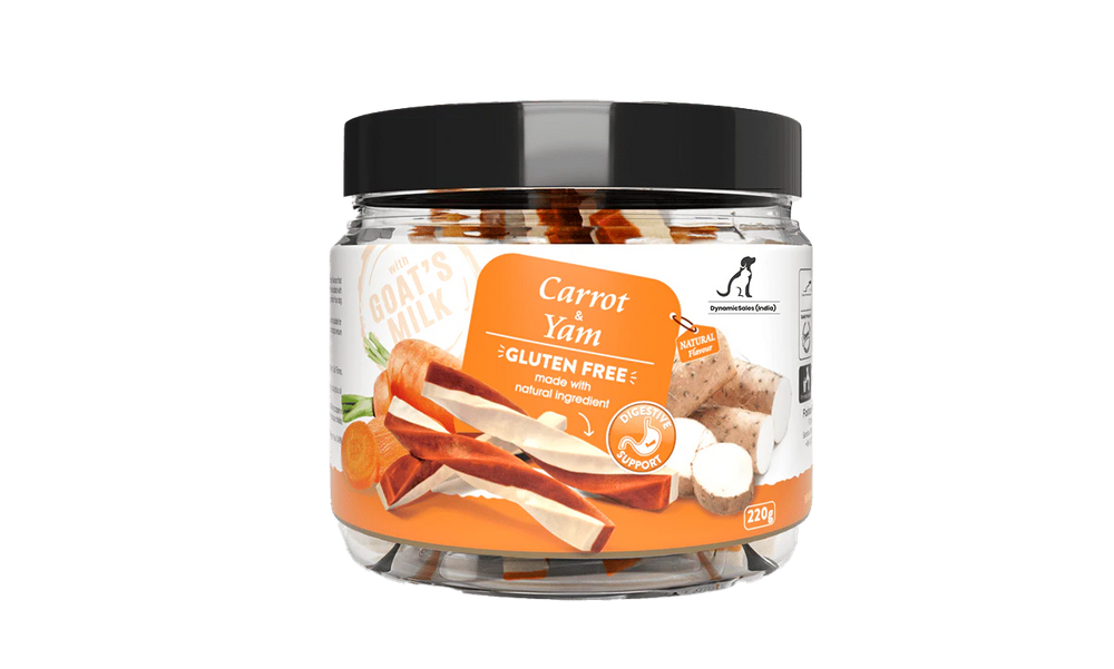 Jar of carrot yam dog treats with a black lid on a white background