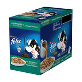 Box of Purina Felix cat food with mackerel flavor on a white background