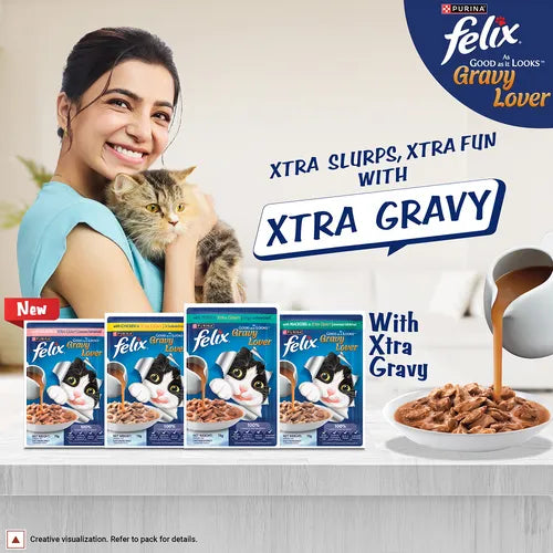 Advertisement for Felix cat food with a woman and cat, featuring Xtra Gravy packaging.
