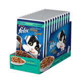 Box of Felix Gravy Lover cat food packets on a white background