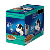 Box of Purina Felix cat food with images of cats and text on a white background