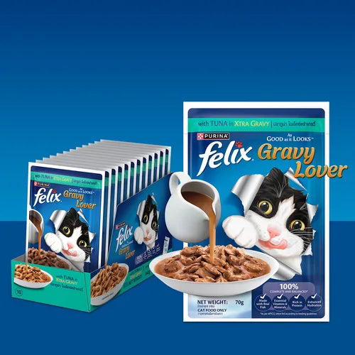 Purina Felix Gravy Lover cat food packaging on a blue background