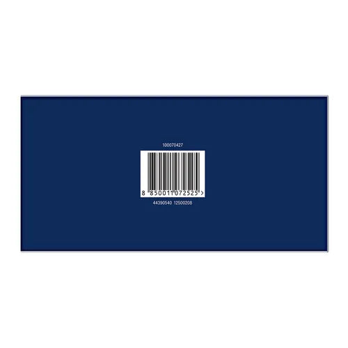 Navy blue rectangular object with a barcode in the center on a white background