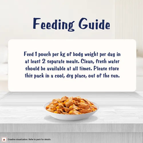 Feeding guide for pet food with a bowl of kibble on a white background