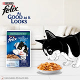 Purina Felix cat food package with a cartoon cat eating from a bowl on a white background