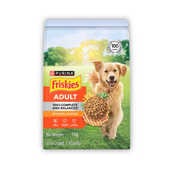 Purina Friskies Adult dog food package with a dog on a grassy background