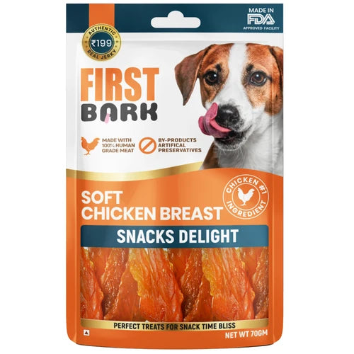Dog snack package labeled 'First Bark' with a chicken breast treat image on a white background