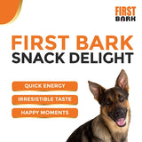 Advertisement for First Bark Snack Delight with a dog and product features listed.
