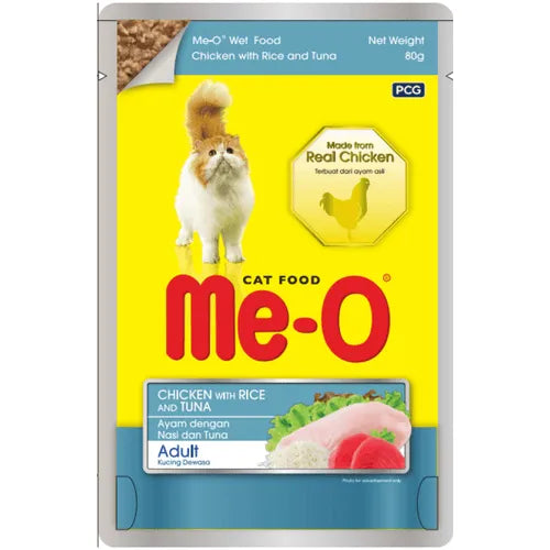Me-O cat food package with a yellow background and cat illustration