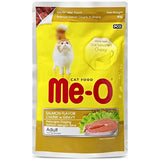 Me-O cat food package with salmon flavor chunk in gravy on a white background
