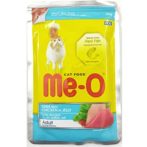 Me-O cat food package with a yellow background and colorful text.