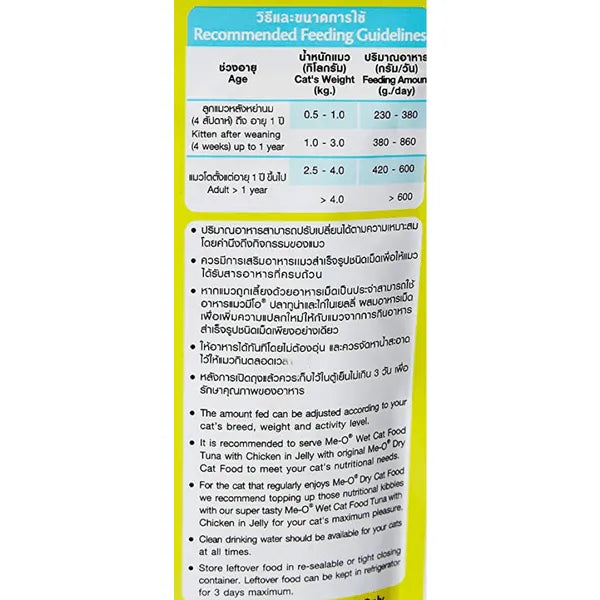 Cat food packaging with feeding guidelines on a white background