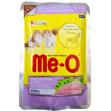 Me-O kitten food package with chicken chunk in gravy on a white background