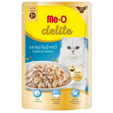Me-O Delite cat food pouch with a white cat on the label