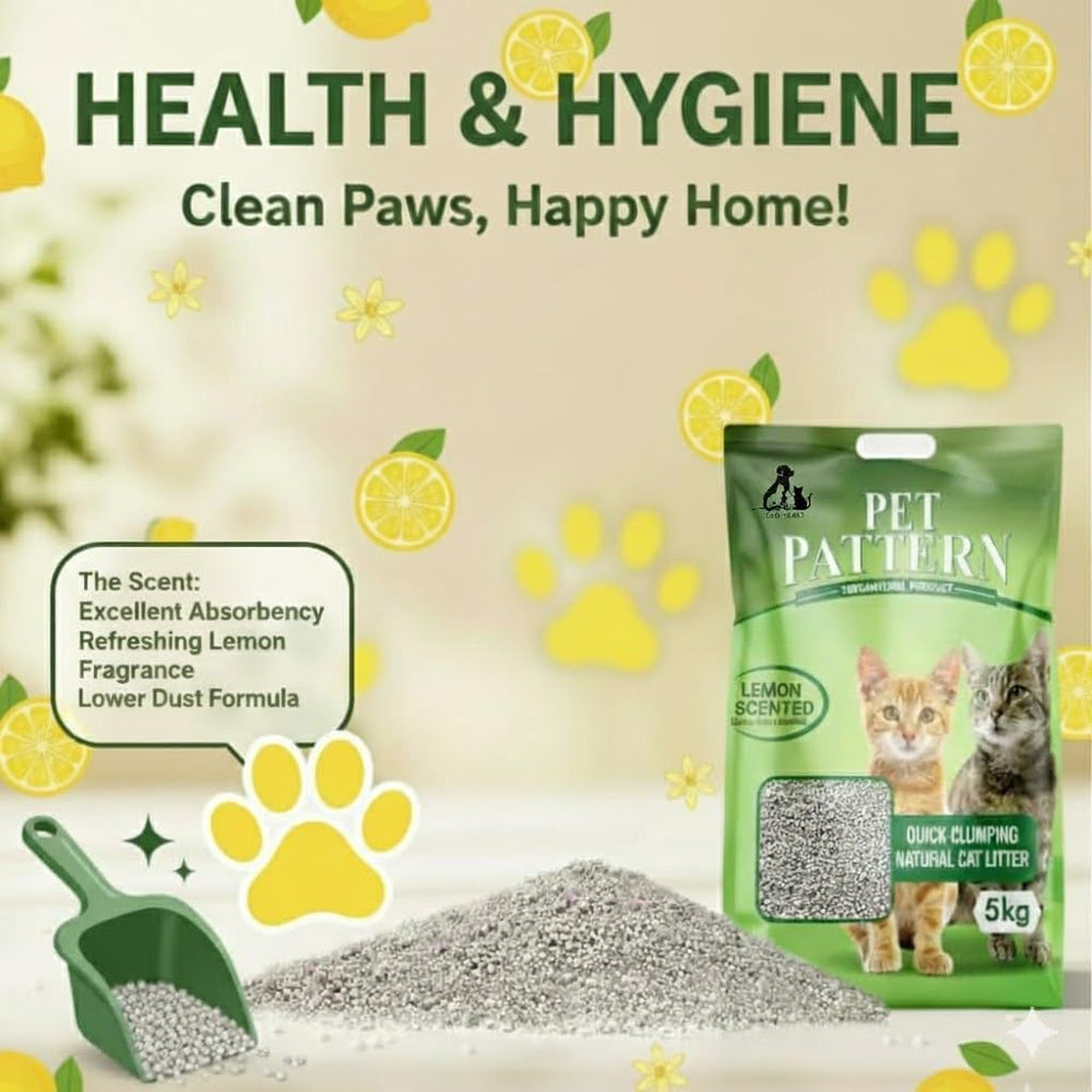 Pet Pattern cat litter package with lemon scented text and product details on a decorative background.