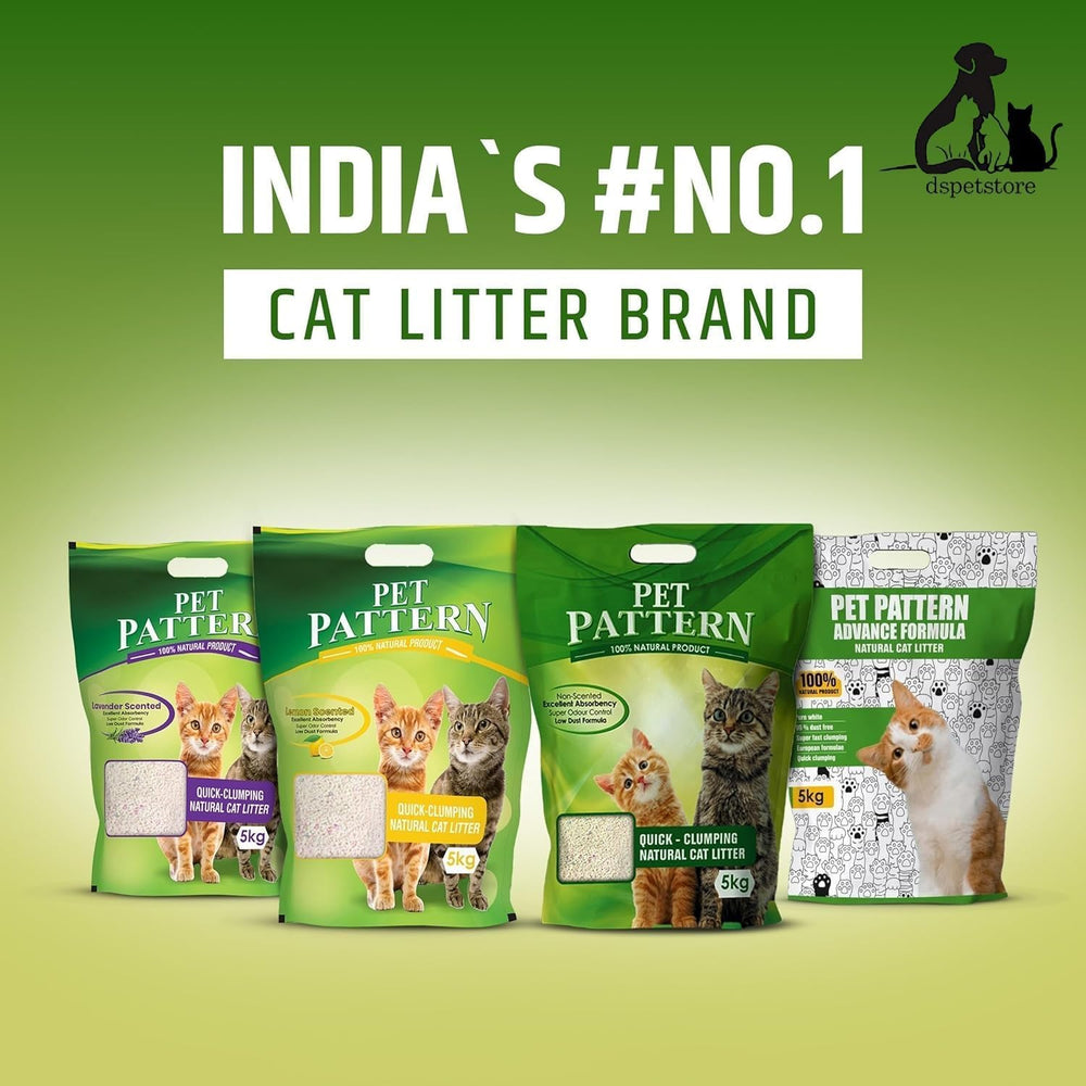 Pet Pattern cat litter packages with a green background and text indicating it's India's number one cat litter brand.