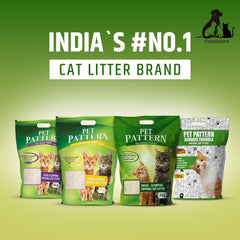 Pet Pattern cat litter packages with a green background and text indicating it's India's number one cat litter brand.