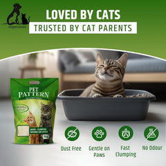 Cat pattern pet product packaging with a cat using a litter box, set against a green background.