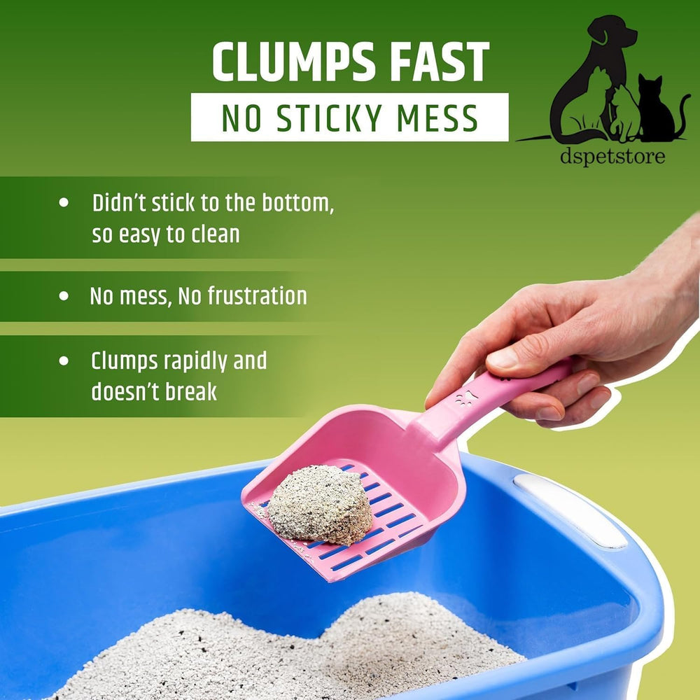 Cat litter scoop with clumped litter over a blue litter box on a green background, featuring text about litter performance.