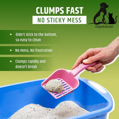Cat litter scoop with clumped litter over a blue litter box on a green background, featuring text about litter performance.