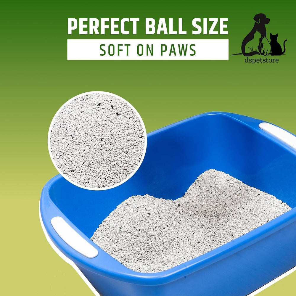 Blue pet litter box with gray litter and a close-up of a ball of litter on a green background.