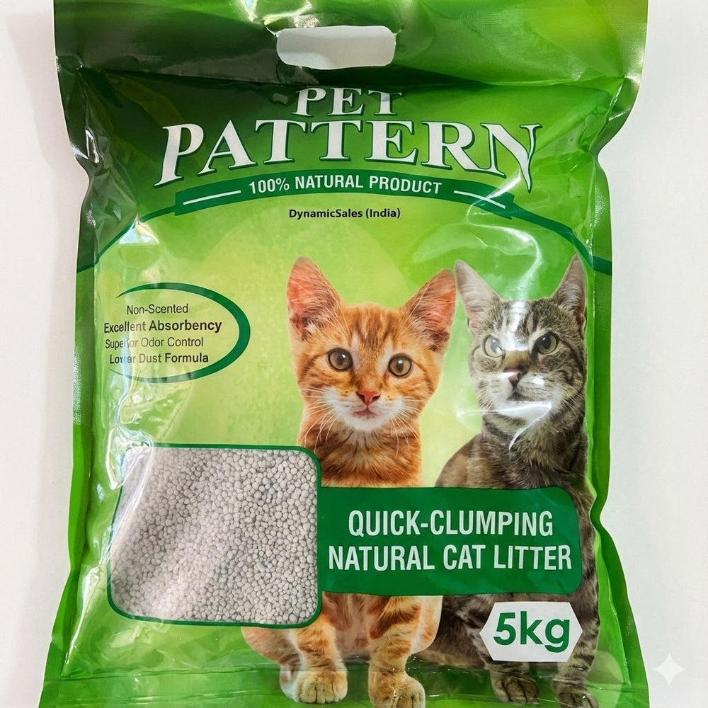 Green package of Pet Pattern cat litter with two cats on a white background