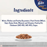 Felix Gravy Lover ingredients list with a bowl of wet cat food on a white background