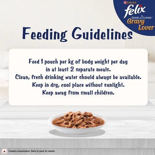 Feeding guidelines for Purina Felix Gravy Lover on a white background
