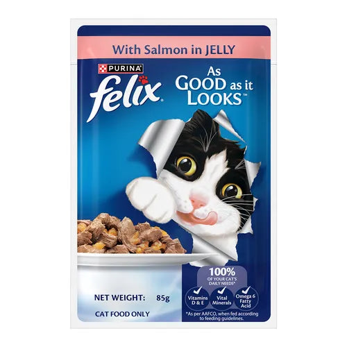 Felix cat food packet with a cat illustration on a white background