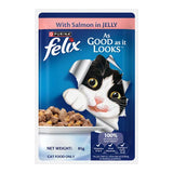 Felix cat food packet with a cat illustration on a white background