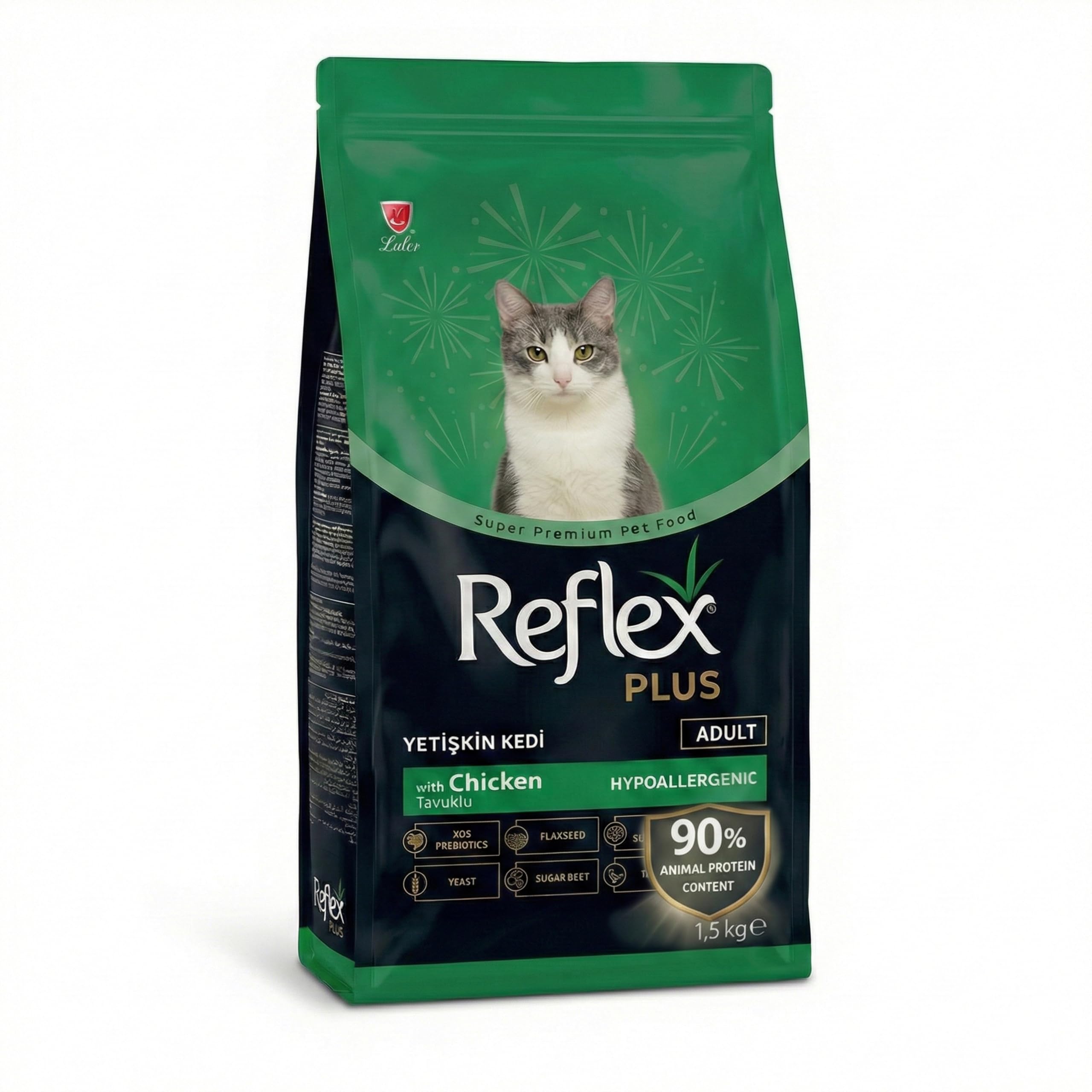 Green package of Reflex Plus cat food with a cat on the label