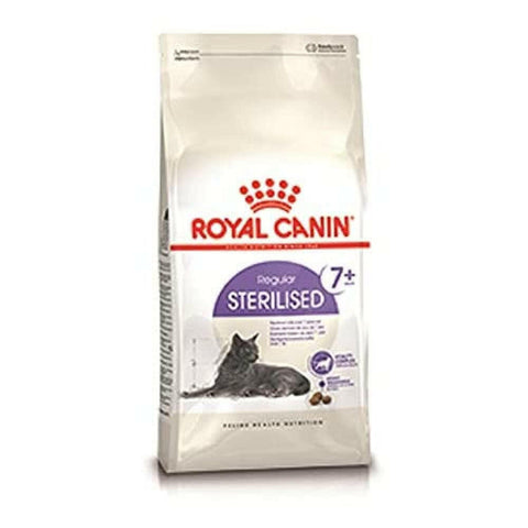 A bag of Royal Canin Sterlilised 7+ Cat Food, with an image of a gray cat on the front.