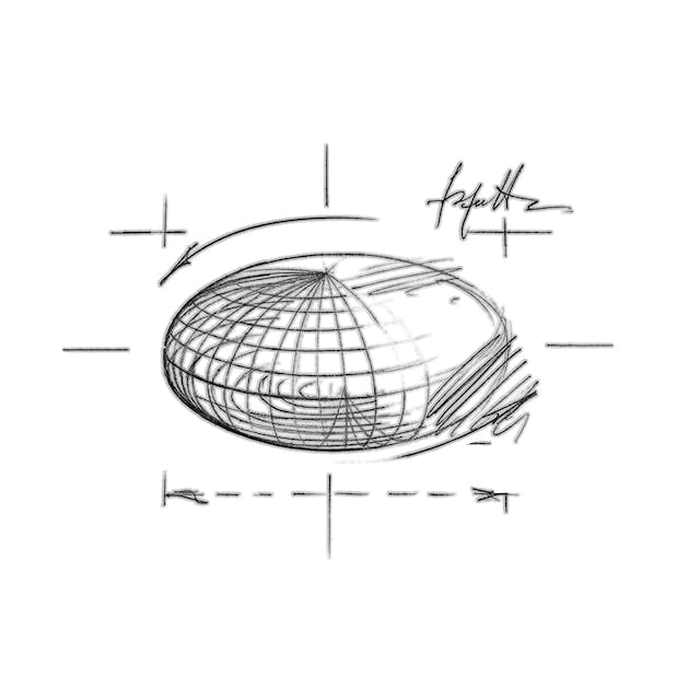 Technical drawing of a spherical structure with grid lines and measurements on a white background.
