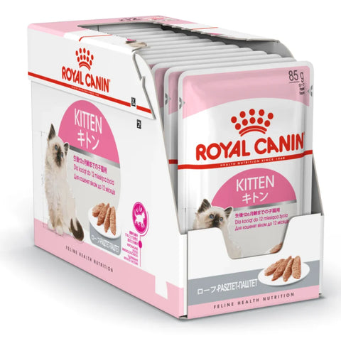 A pack of Royal Canin Kitten Loaf Wet Cat Food, with images of the product and kittens on the packaging.