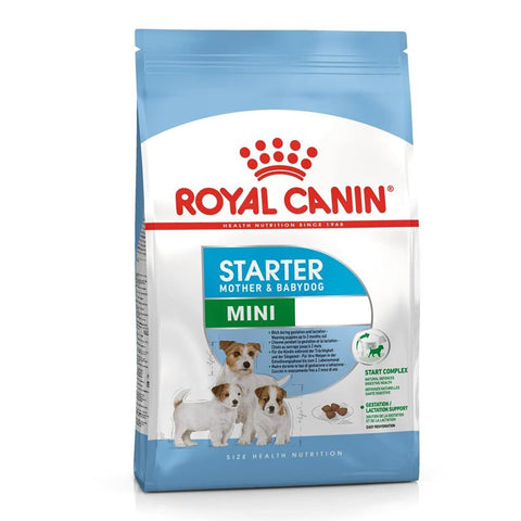 A bag of Royal Canin Mini Starter Dog Food with images of small puppies on the front.