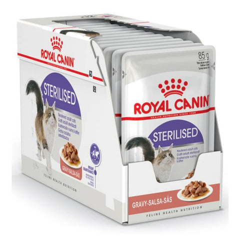 A pack of Royal Canin Sterilised Wet Cat Food, with images of cats and product details on the packaging.