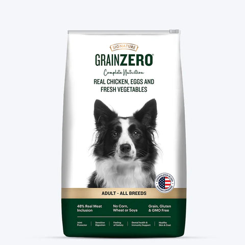 A bag of Signature Grain Zero Adult Dry Dog Food featuring an image of a collie dog, with a label that highlights the breed-specific formula and grain-free content.