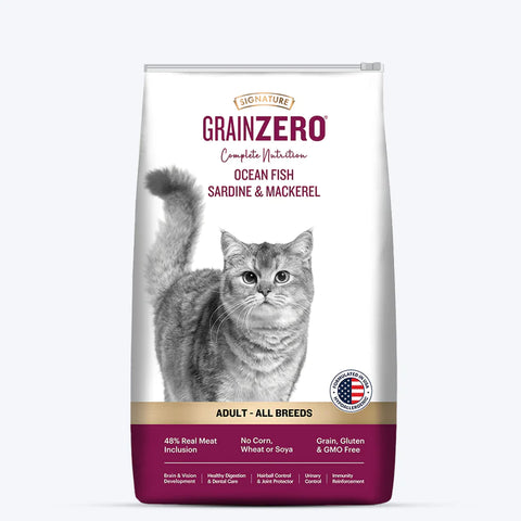 Bag of Signature Grain Zero Adult Dry Cat Food.