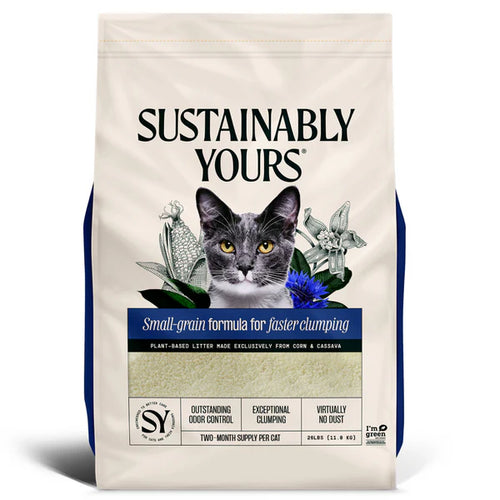 Cat litter package with 'Sustainably Yours' branding and a cat's face on the label.