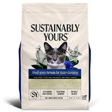 Cat litter package with 'Sustainably Yours' branding and a cat's face on the label.